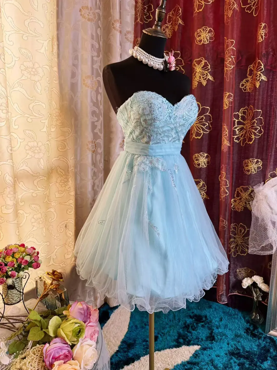 Cute Strapless Light Blue Tulle Appliques A Line Short Graduation Homecoming Dress 20th Birthday Outfits