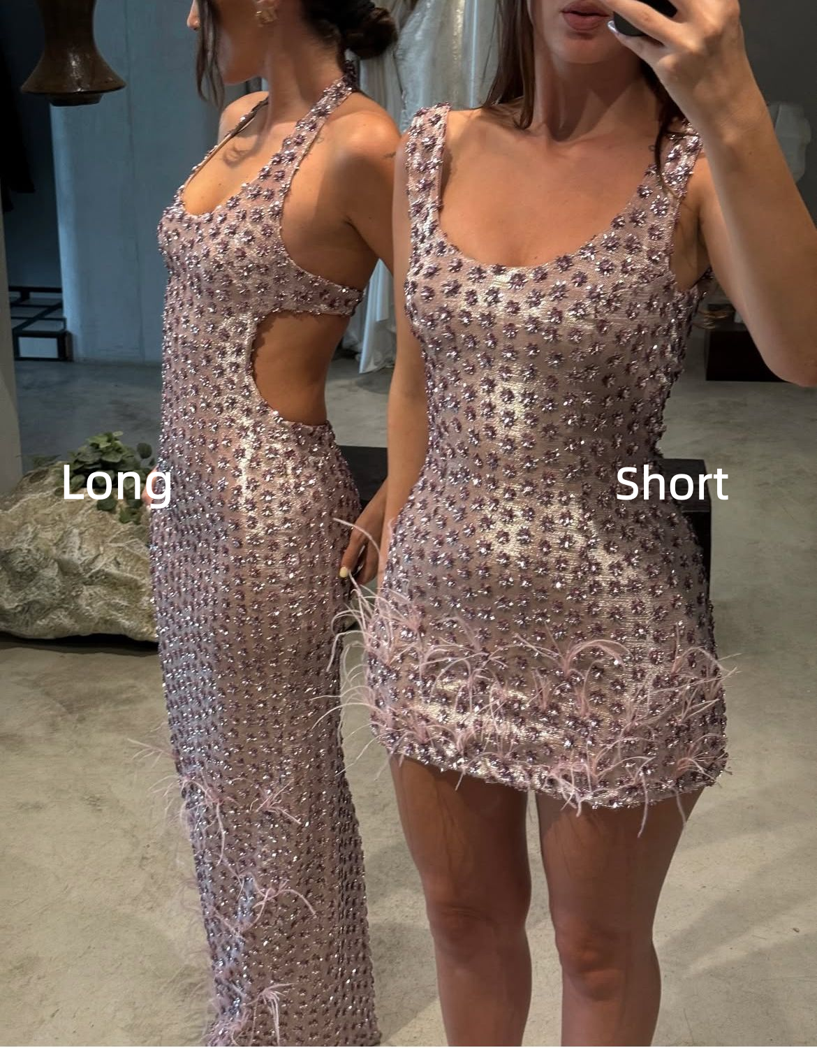 Classy Pink Satin Beaded Feathers Short/Long Prom Dress Birthday Outfits