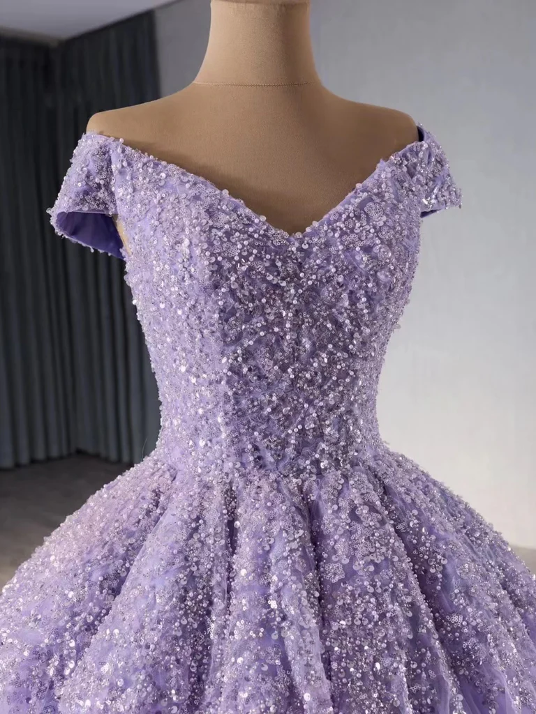 Shiny Off Shoulder Purple Sequins Beaded Long Tulle Quinceanera Dress Formal Ball Gown