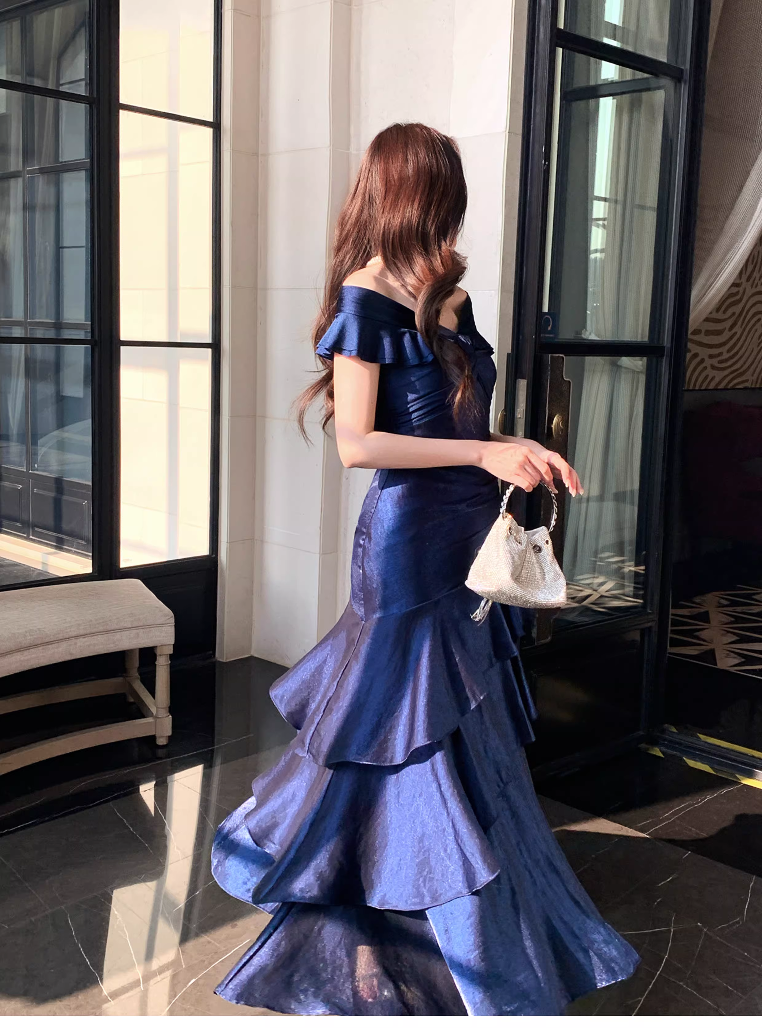 Stylish Navy Blue Off The Shoulder Satin Layered Ruffles Mermaid Long Evening Dress Prom Gown