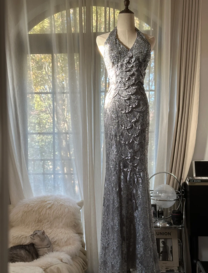 Gorgeous Silver Gray Halter Lace Mermaid Long Party Dress Prom Dresses