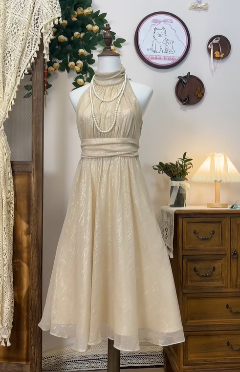 Sparkly Champagne Tulle Sequin A Line Formal Homecoming Dress Halter Birthday Dress
