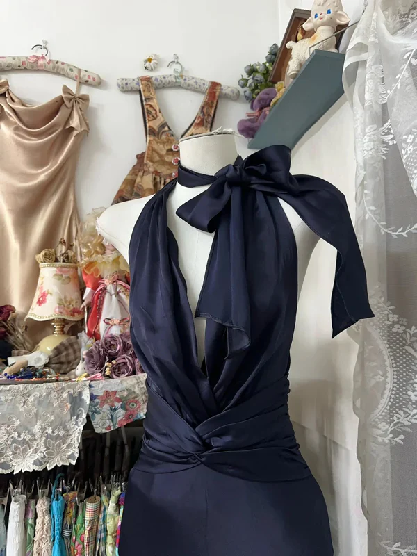 Retro Halter Satin Mermaid Navy Blue Backless Long Evening Dress Formal Birthday Party Dress