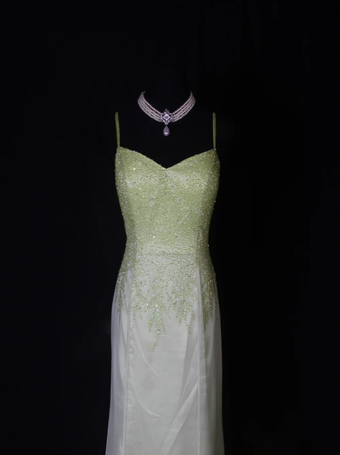 Classy Spaghetti Straps Satin Chiffon Beaded Mermaid Evening Dress Ombre Green Birthday Prom Dress