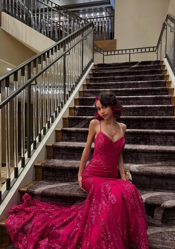 Charming Spaghetti Straps V Neck Satin Lace Sequin Evening Dress Hot Pink Mermaid Party Gowns