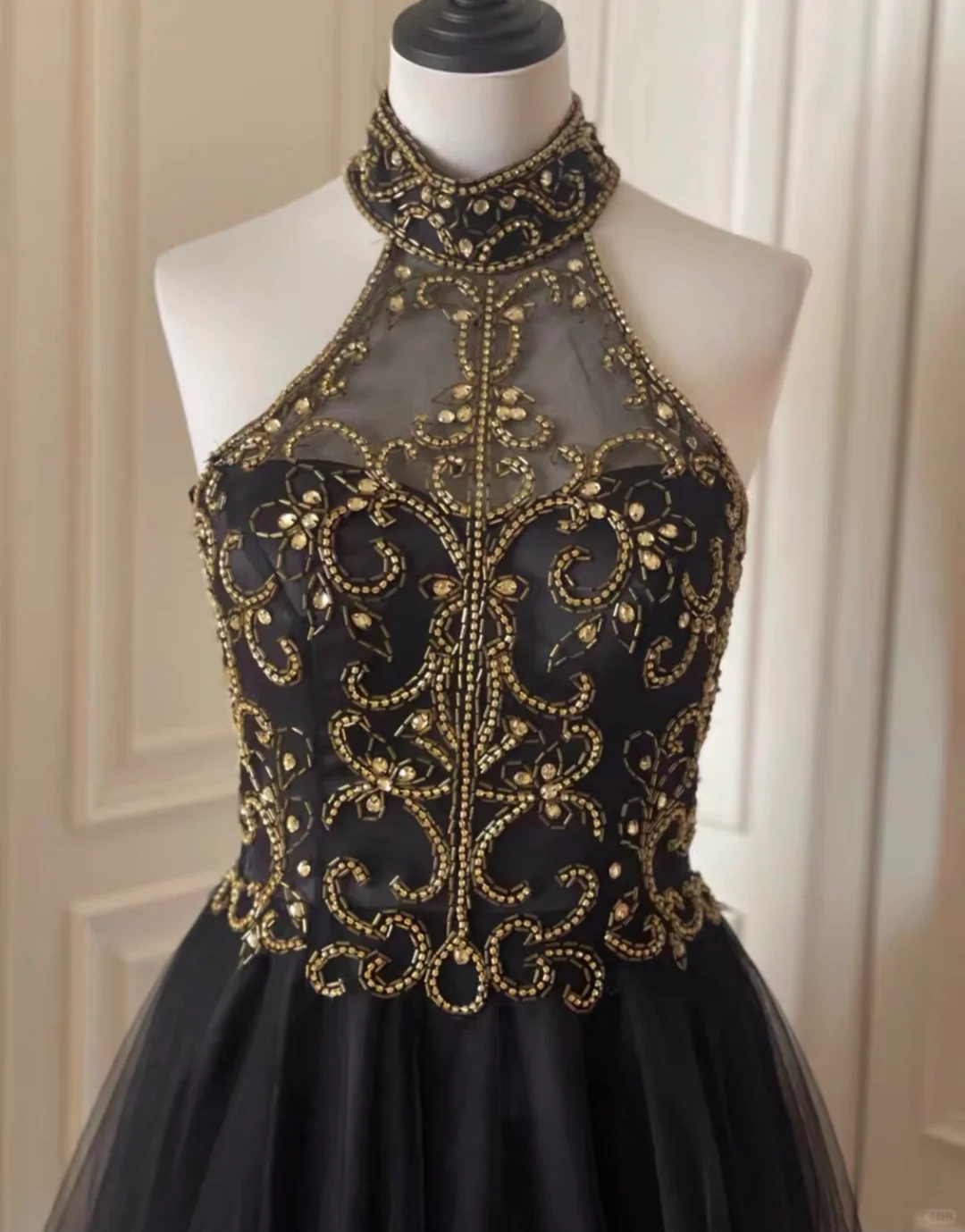 Stylish Halter Tulle Beaded A Line Homecoming Dress Black Sleeveless Birthday Dress Cocktail Dress