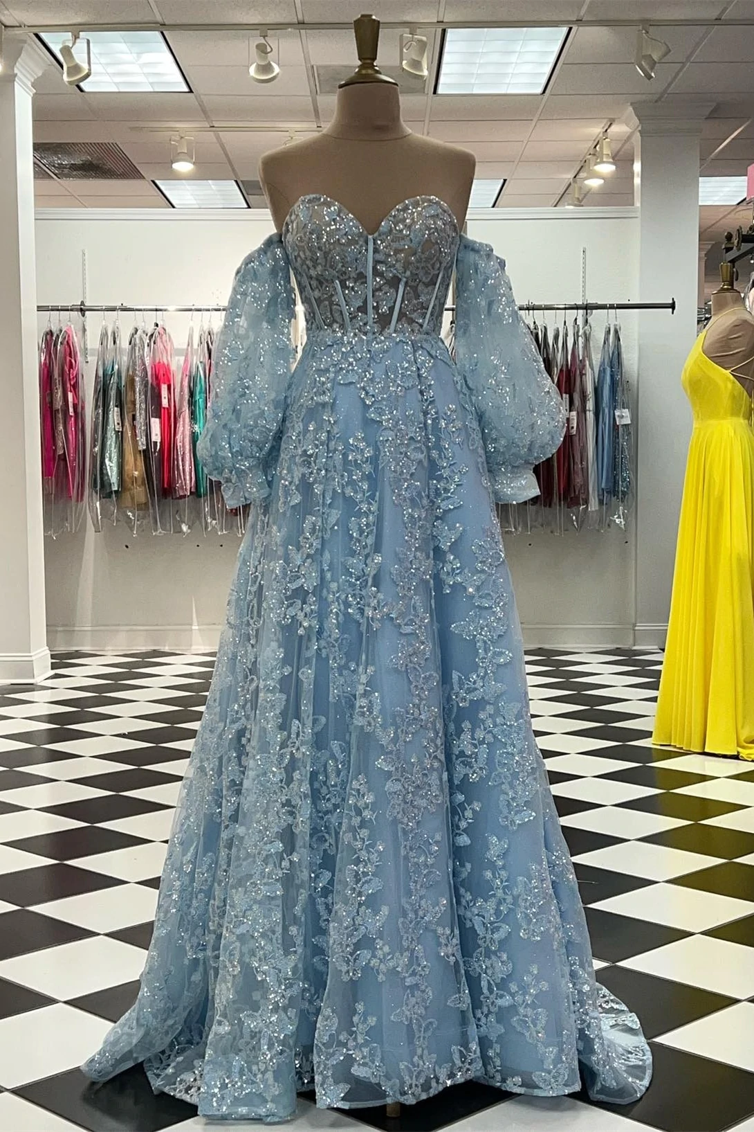 Sparkle Princess Bustier Puff Sleeve Lace Long Prom Dress Detachable Sleeves Evening Dress