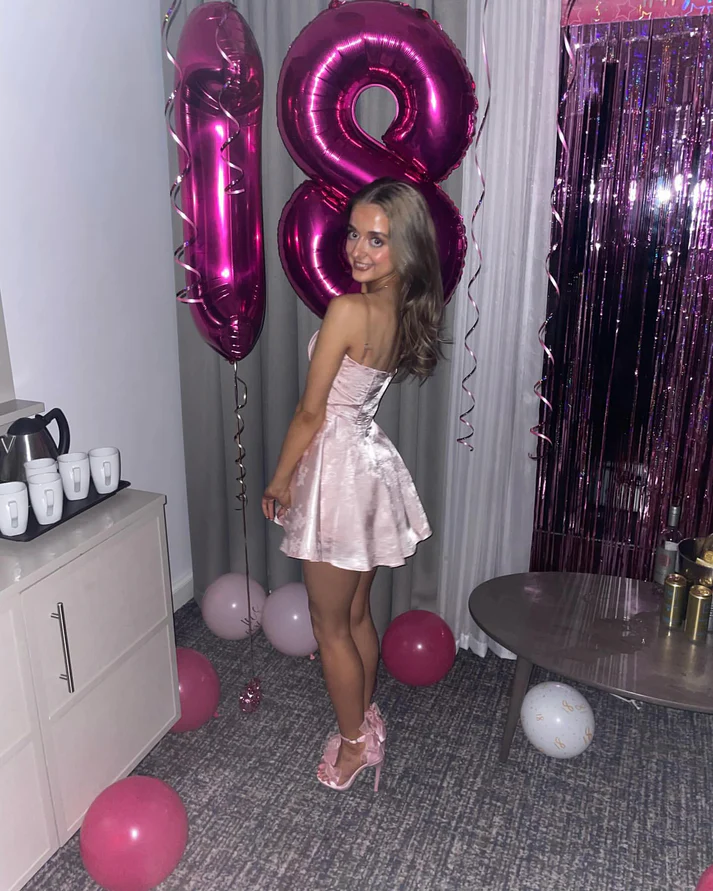 Sweet Pink Strapless Satin Print Short Prom Dress Homecoming Dress