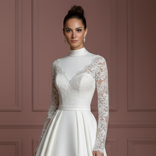 Mock Neck Sleeve Wedding Dress Modest Long High Class Gown