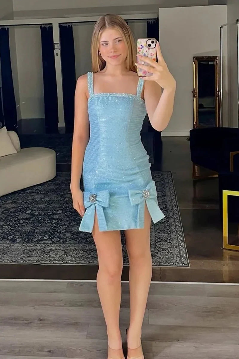 Modern Sheath Spaghetti Straps Pink Short Homecoming Dress with Bowknot