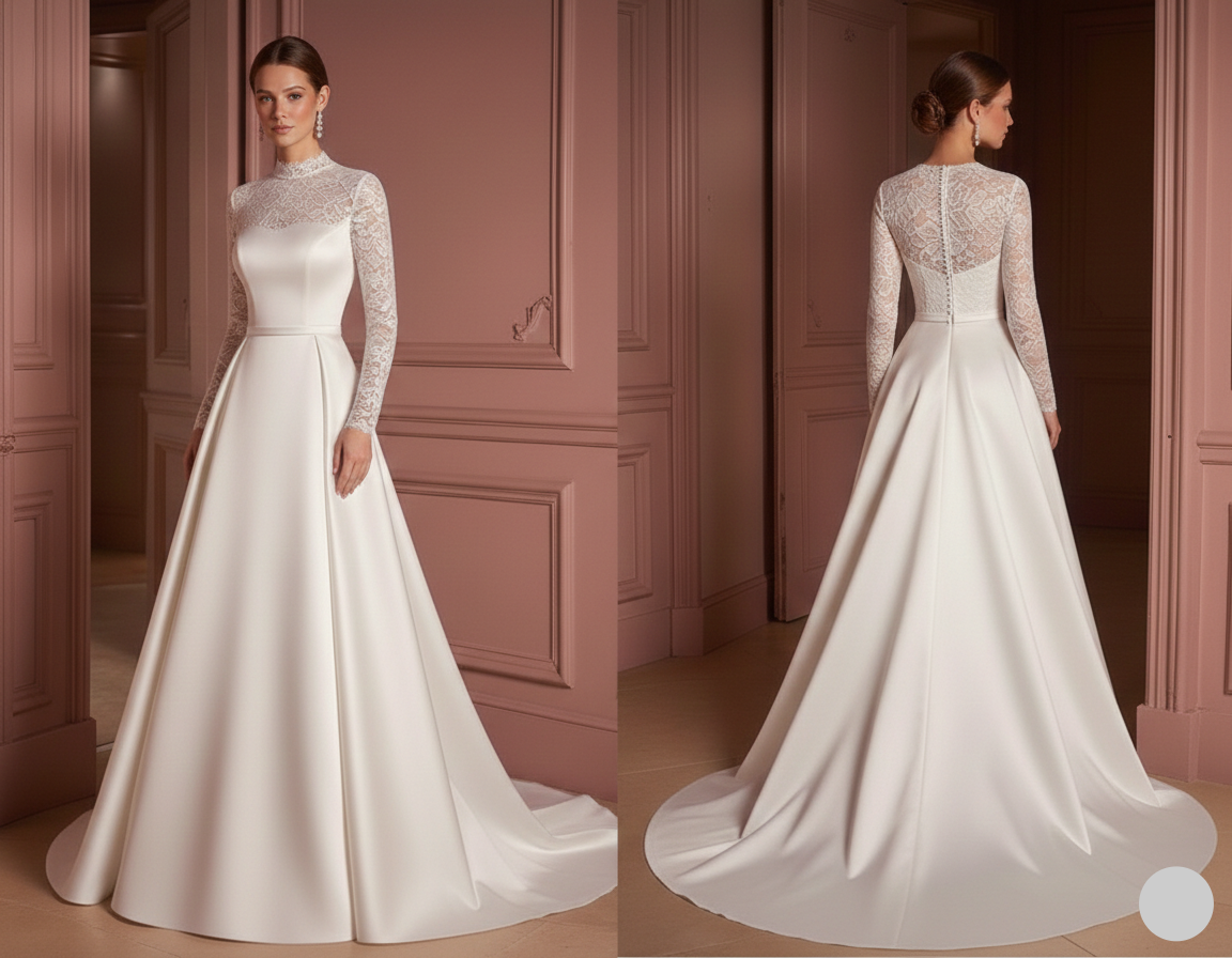 Modest High Neck Wedding Dress Long Sleeve Classic Style