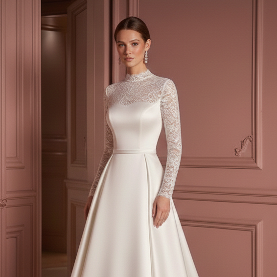 Modest High Neck Wedding Dress Long Sleeve Classic Style