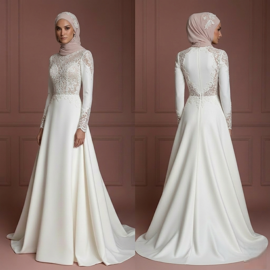 Modest Hijab Bridal Gown For Muslim Bride Elegant Style Wedding Dress