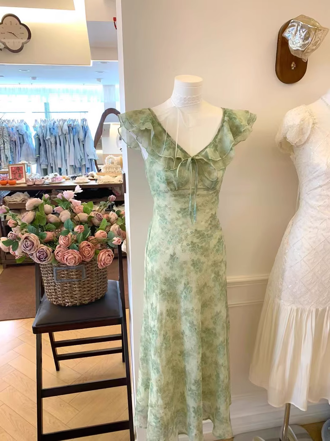 Green Ruffle Floral A Line Vacation Dress Birthday Party Dress