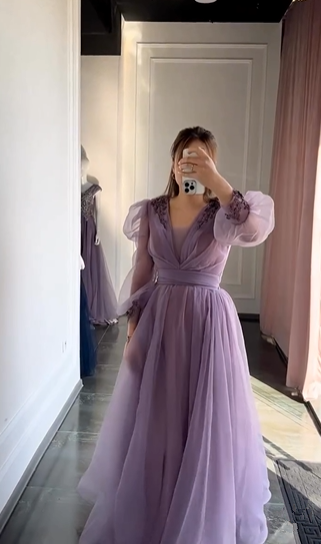 Purple A-line Tulle Beaded Evening Dress With Puff Sleeves