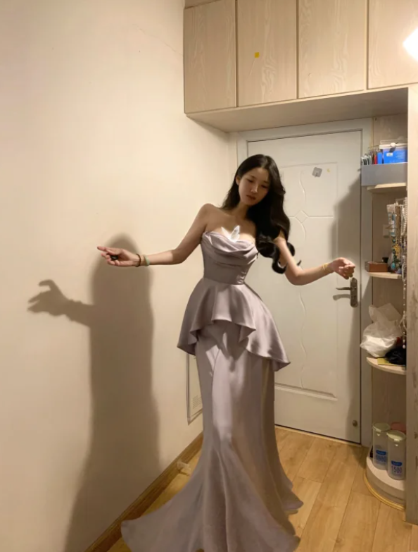 Stylish Strapless Purple Satin Mermaid Long Party Dress Formal Wedding Guest Dress