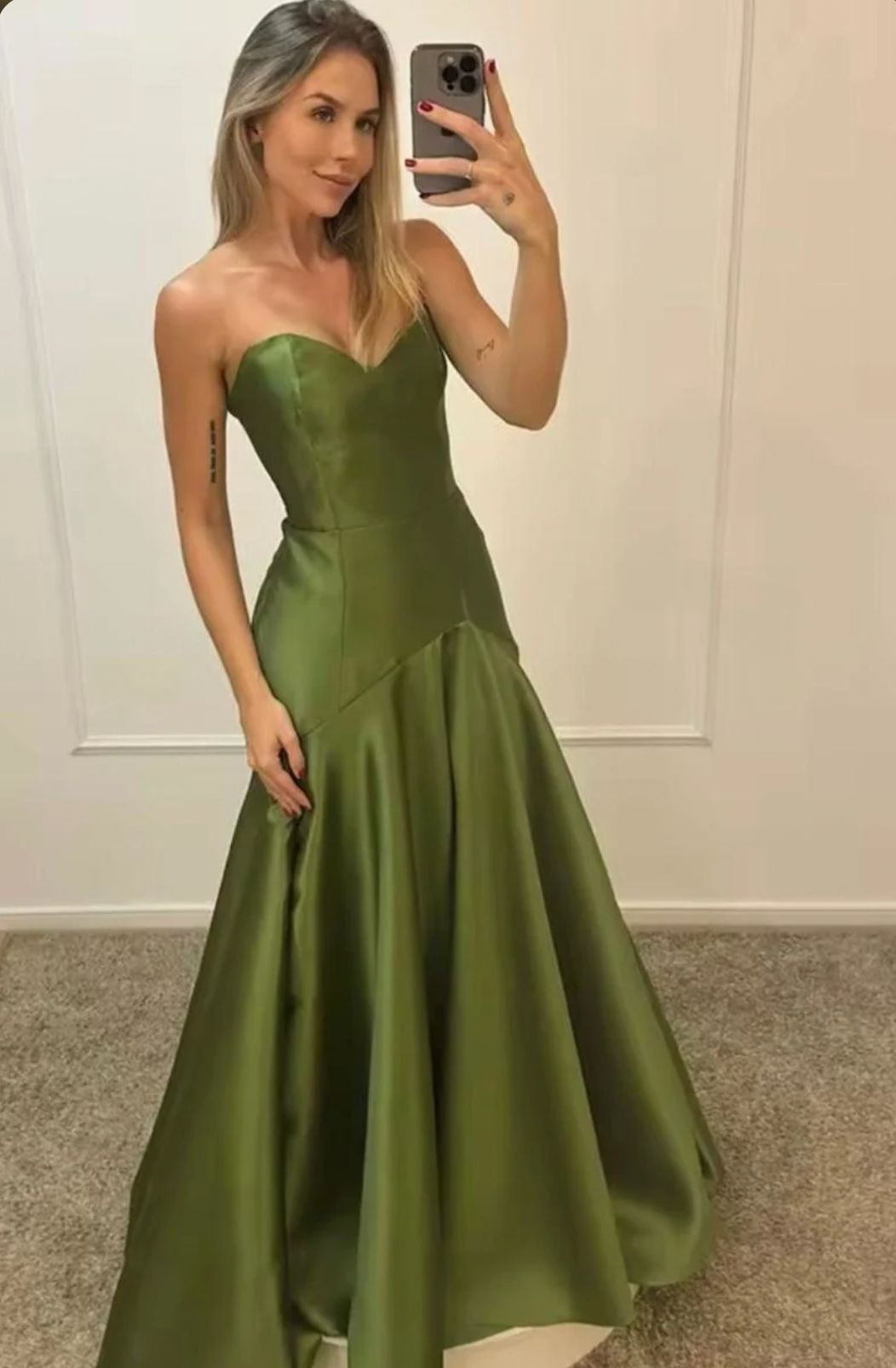 Charming Sweetheart Neck Olive Green Satin Mermaid Long Party Dress Birthday Outfits