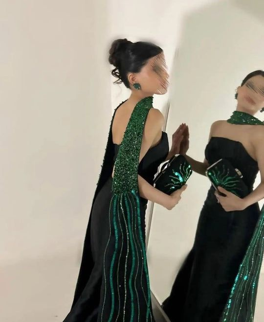 Vintage Black Satin Mermaid Long Evening Dress Prom Dress