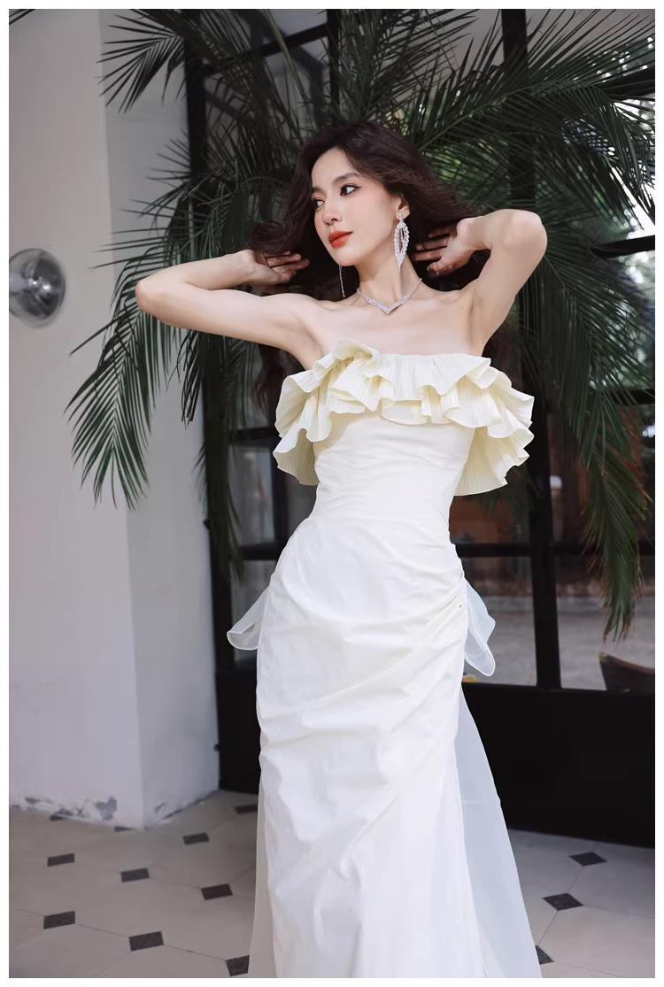 Elegant Beige Strapless Satin Pleated Mermaid Slit Long Evening Dress Birthday Party Dress With Bow