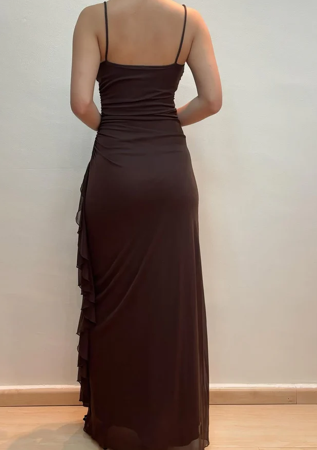Simple Brown Chiffon Long Prom Dress Vintage Ruffle Party Evening Dress