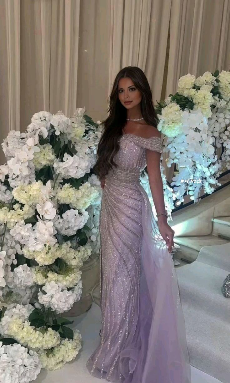 Pretty Off The Shoulder Lavender Tulle Sequin Beaded Mermaid Evening Dress Long Party Dresses