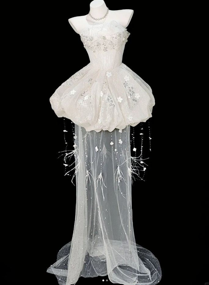 Glamorous Strapless White Tulle Sequin Beaded Appliques Long Birthday Prom Dress Evening Dress Two Piece