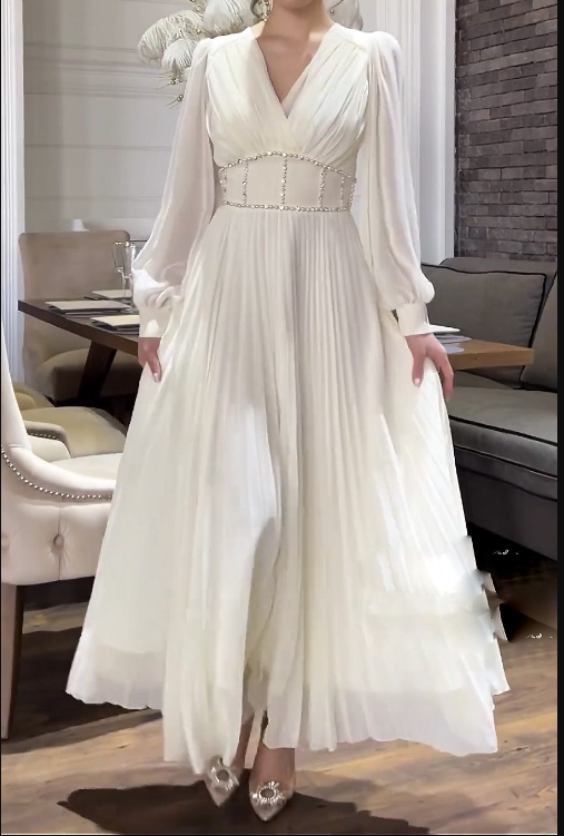 Elegant White Long Sleeves Prom Dress,White Evening Dress