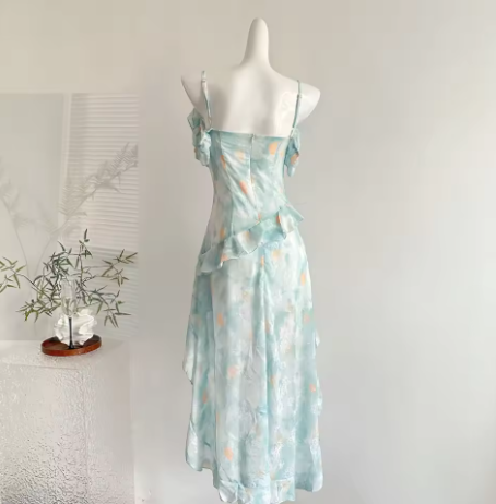 Simple Chiffon Blue Ruffle Party Dress Prom Gown