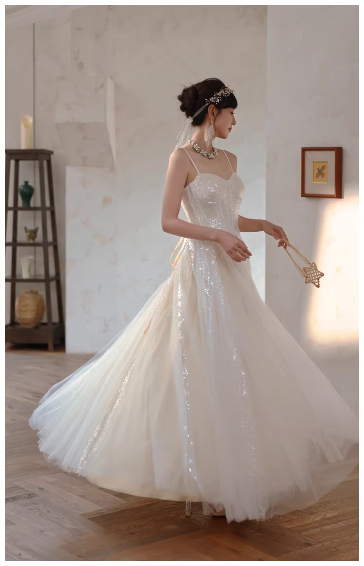 Classy Light Apricot Spaghetti Straps Tulle Sequin A Line Long Party Dress Evening Dress