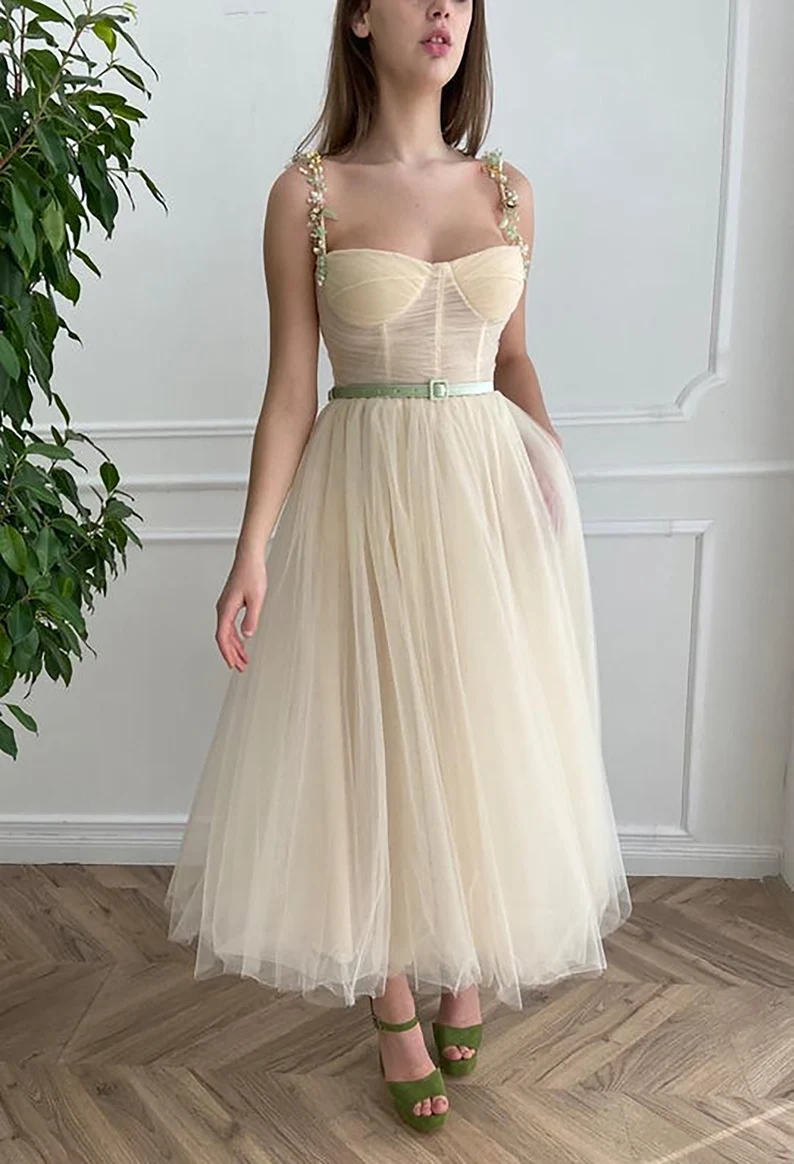 Beige Fairy Tulle Prom Dress Beads Straps Fairy Prom Gown, Handmade Tea-length A-Line Tulle Ball Gown Wedding Dress