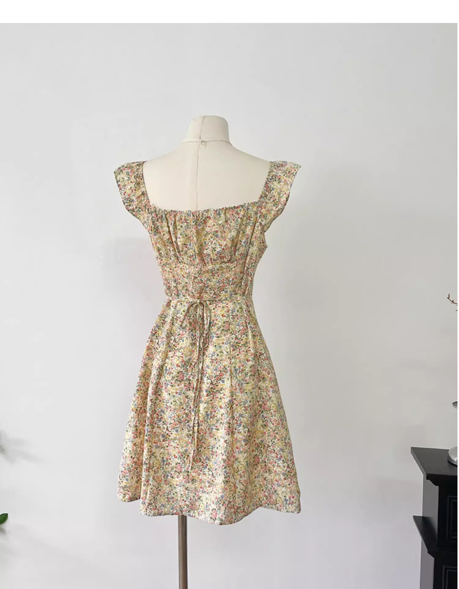 Light Yellow Floral Short Dress Vacation Dress