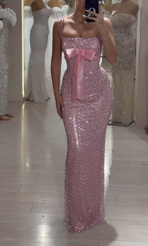 Gorgeous Spaghetti Straps Pink Sequin Beaded Mermaid Evening Dress Long Party Dress
