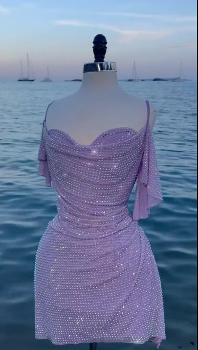 Elegant Spaghetti Straps Lavender Chiffon Beaded Formal Homecoming Dress Short Prom Dress Cocktail Dress