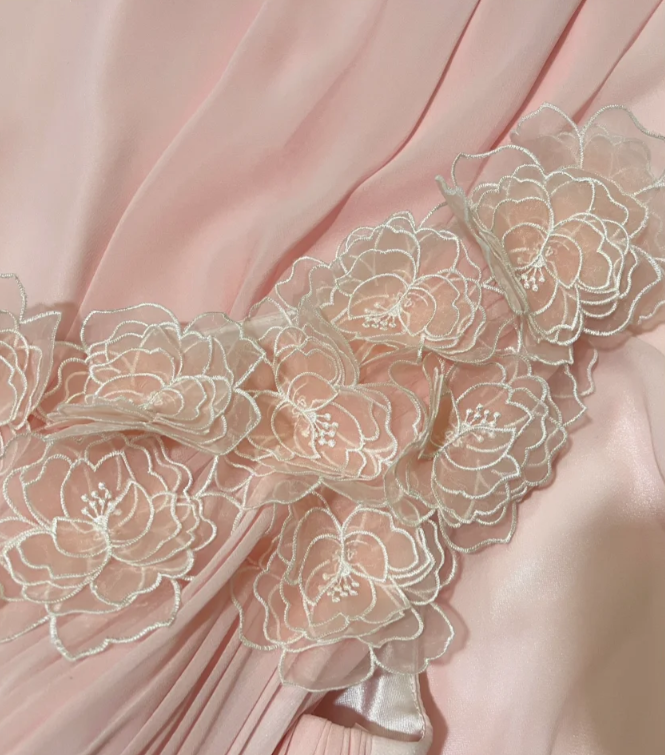 Classy Pink One Shoulder Chiffon Pleated Appliques Long Party Dress Prom Dress Formal Wedding Guest Dress