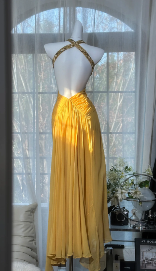 Pretty Lemon Yellow Halter Beaded Mermaid Backless Long Evening Dress Party Dress