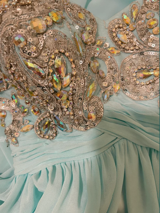 Pretty Strapless Blue Satin Chiffon Beaded Long Wedding Guest Dress Formal Birthday Party Dress