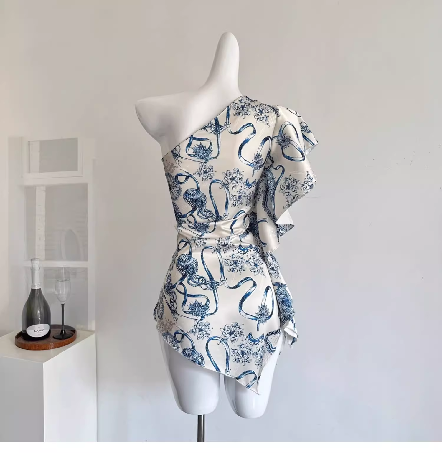 Off-shoulder Irregular Satin Print Hot Girl Sexy Mini Dress
