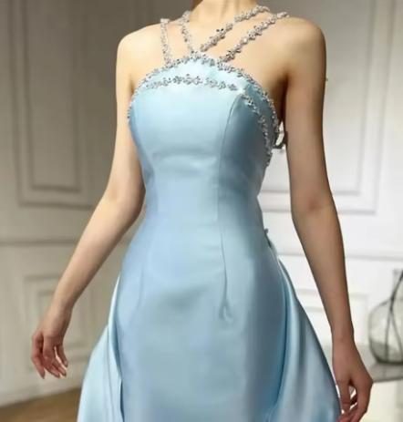 Gorgeous Blue Sleeveless Satin Beaded Mermaid Long Prom Dress Evening Gown
