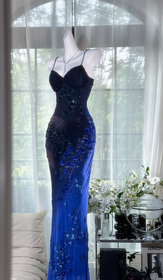 Gorgeous Spaghetti Straps Ombre Navy Blue Beaded Appliques Mermaid Evening Dress Party Dress