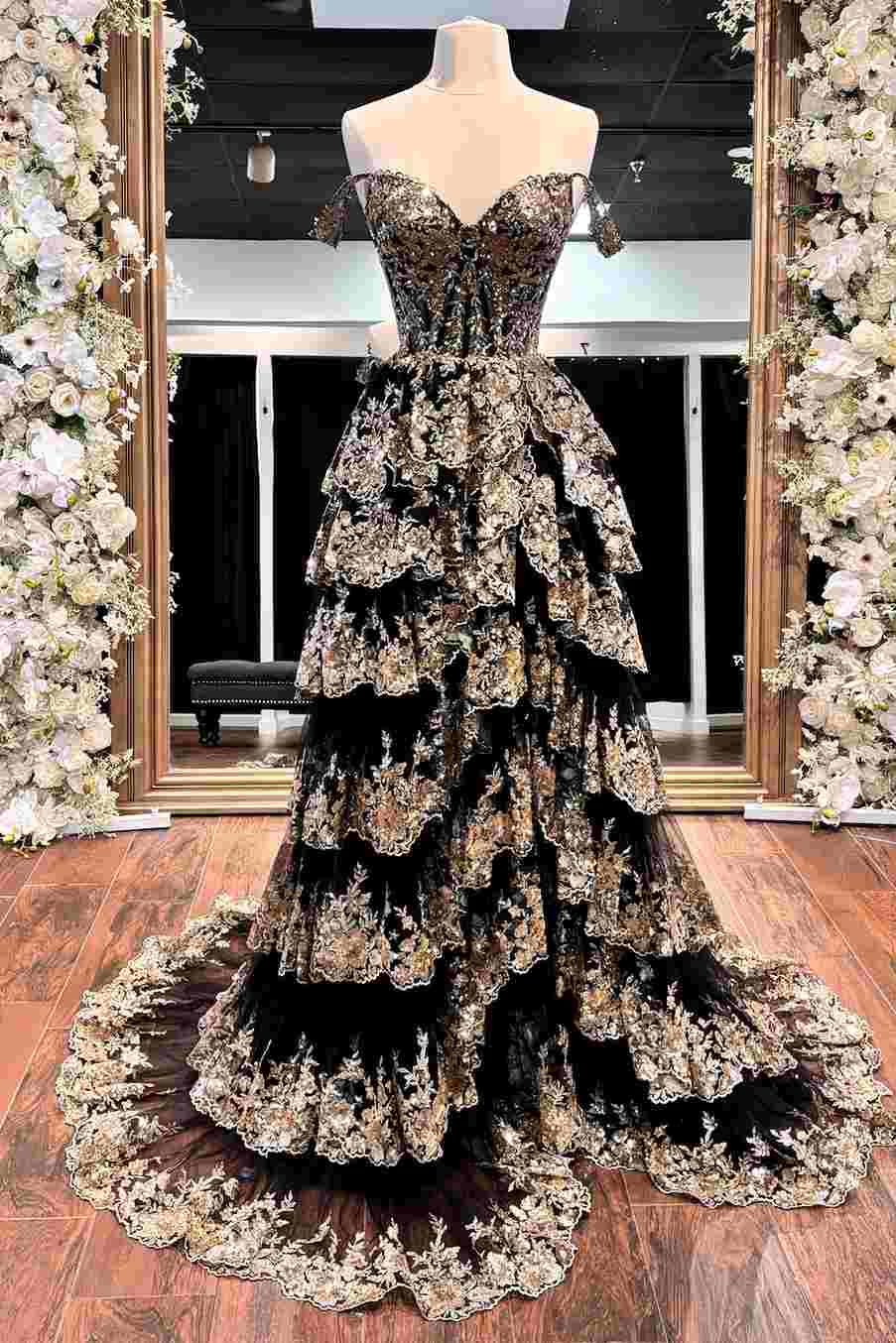 Gorgeous Black Tulle Lace Appliques Tiered Evening Dress,A Line Off The Shoulder Slit Prom Party Gown