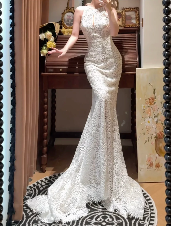 Retro Lace Sleeveless Mermaid Long Wedding Dress White Bridal Dresses
