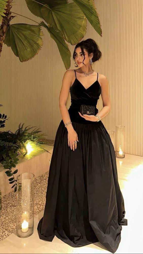 Simple Black Spaghetti Straps Satin Party Prom Dress A Line Evening Dress
