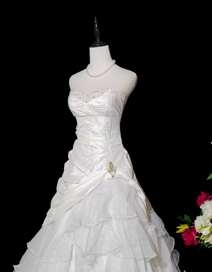 Pretty Strapless White Satin Tulle Beaded Ruffle Layered Mermaid Evening Dress Long Birthday Prom Dress