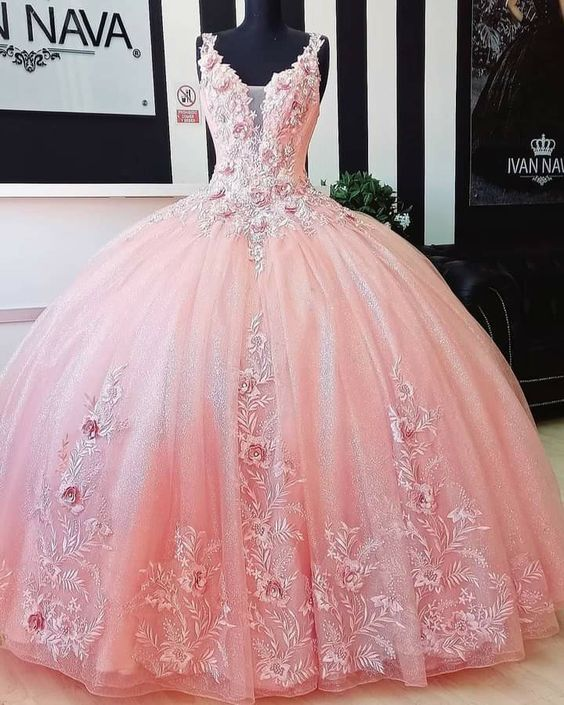 A-line V Neck Pink Ball Gown Sweet 16 Dress 3D Flowers