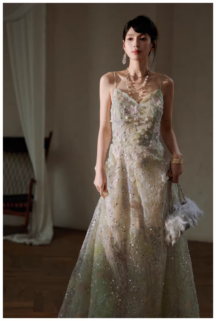 Pretty Spaghetti Straps Green Tulle Appliques A Line Long Birthday Prom Dress Evening Dress