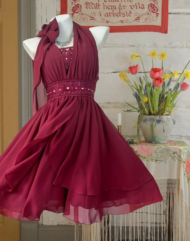 Pretty Burgundy Halter Chiffon A Line Short Graduation Homecoming Dress Cocktail Dress