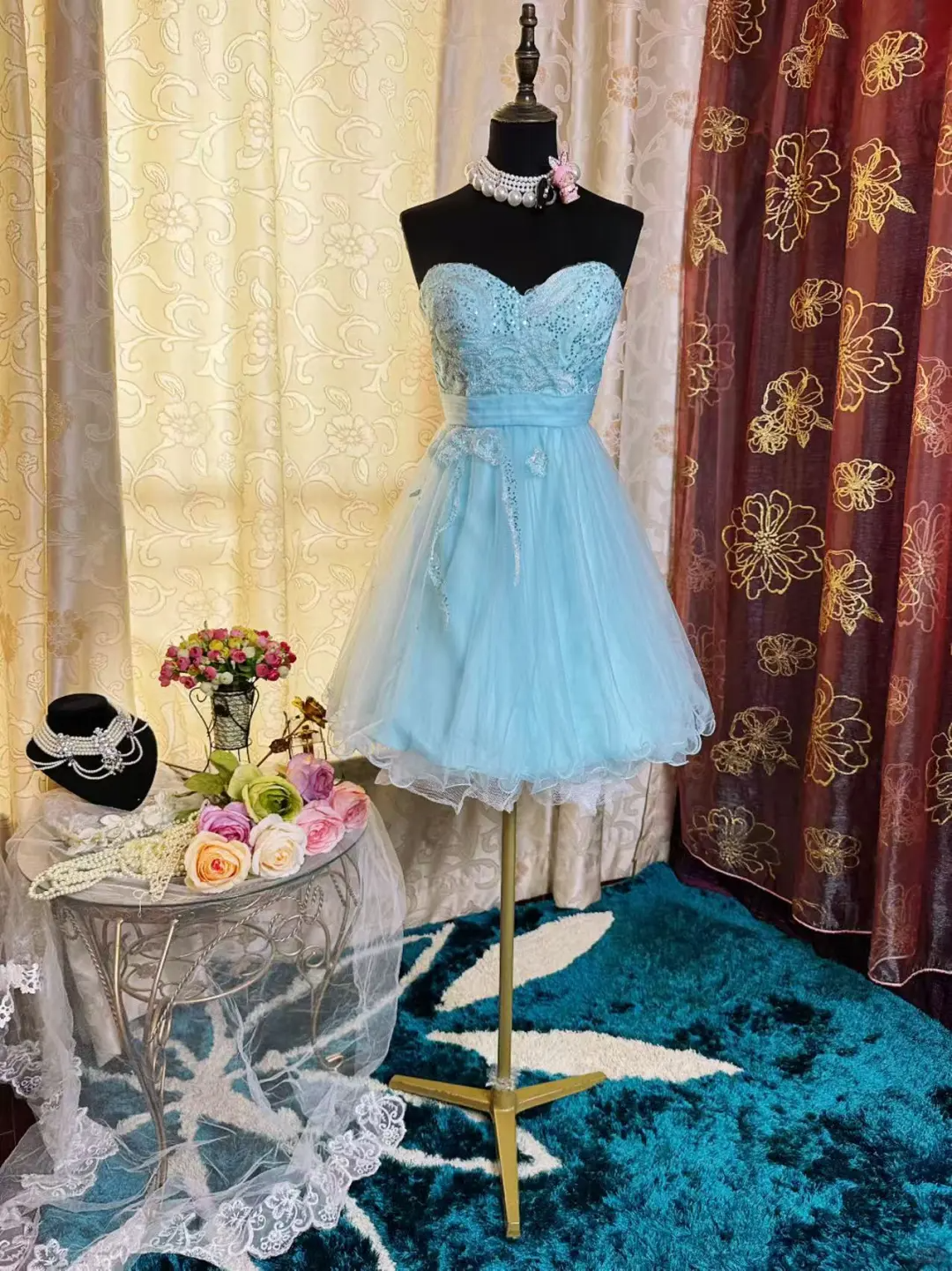 Cute Strapless Light Blue Tulle Appliques A Line Short Graduation Homecoming Dress 20th Birthday Outfits
