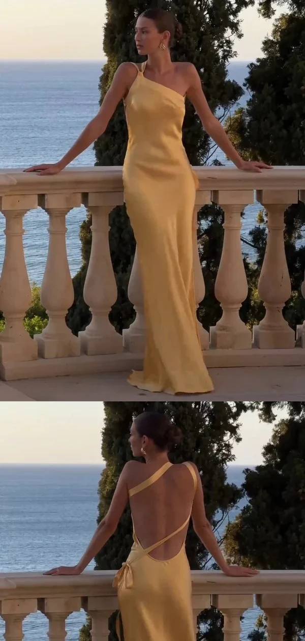 Elegant Yellow One Shoulder Backless Evening Dress Long Prom Dress