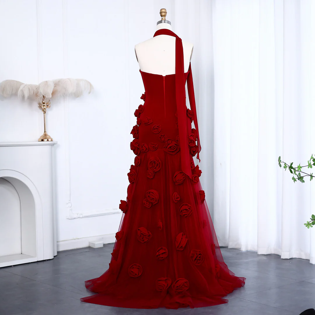 Beautiful Pink Strapless Tulle Rose Flowers Prom Dress Mermaid Slit Evening Dress Wedding Dress