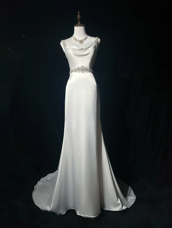 Pretty White Satin Beaded Mermaid Long Wedding Guest Dress Formal Party Dress Evening Gown